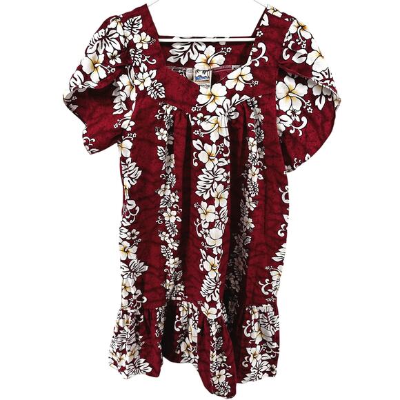 Vintage Hawaiian Togs Midi Dress Floral Puff Sleeve Aloha Ruffle Red White L - Picture 1 of 4
